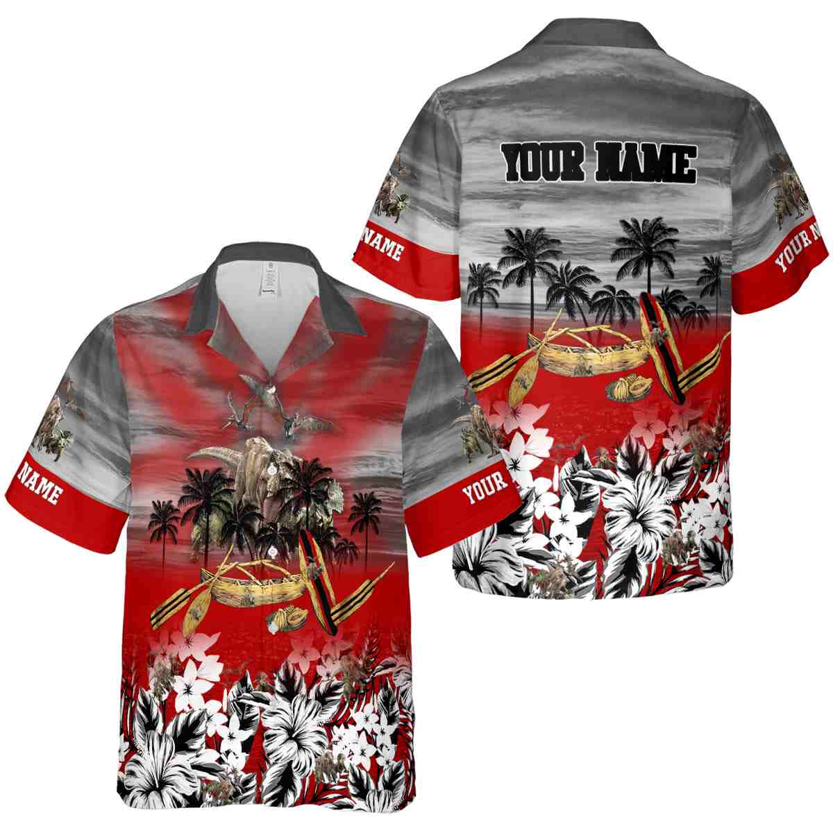 Customized Dinosaur Sunset Beach Canoe Hawaiian Shirt Premium grade Customized Dinosaur Sunset Beach Canoe Hawaiian Shirt Premium grade