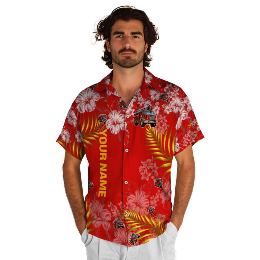 Customized Fire Truck Hibiscus Pattern Hawaiian Shirt New Arrival