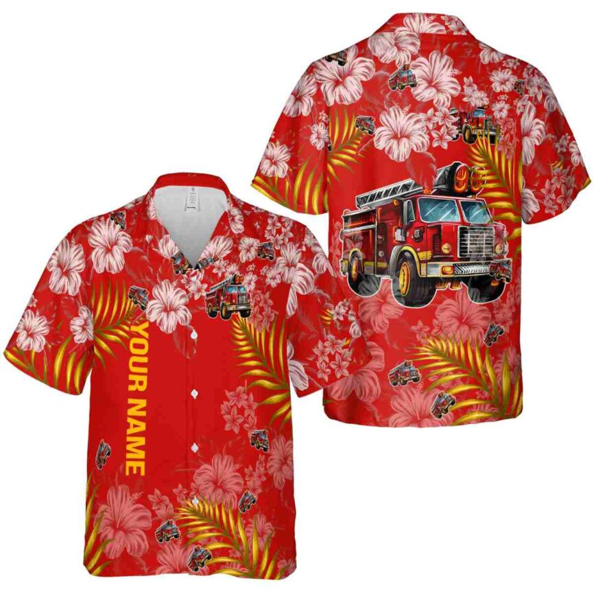 Customized Fire Truck Hibiscus Pattern Hawaiian Shirt Premium grade