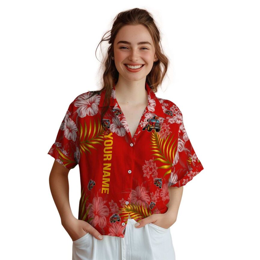 Customized Fire Truck Hibiscus Pattern Hawaiian Shirt Top rated