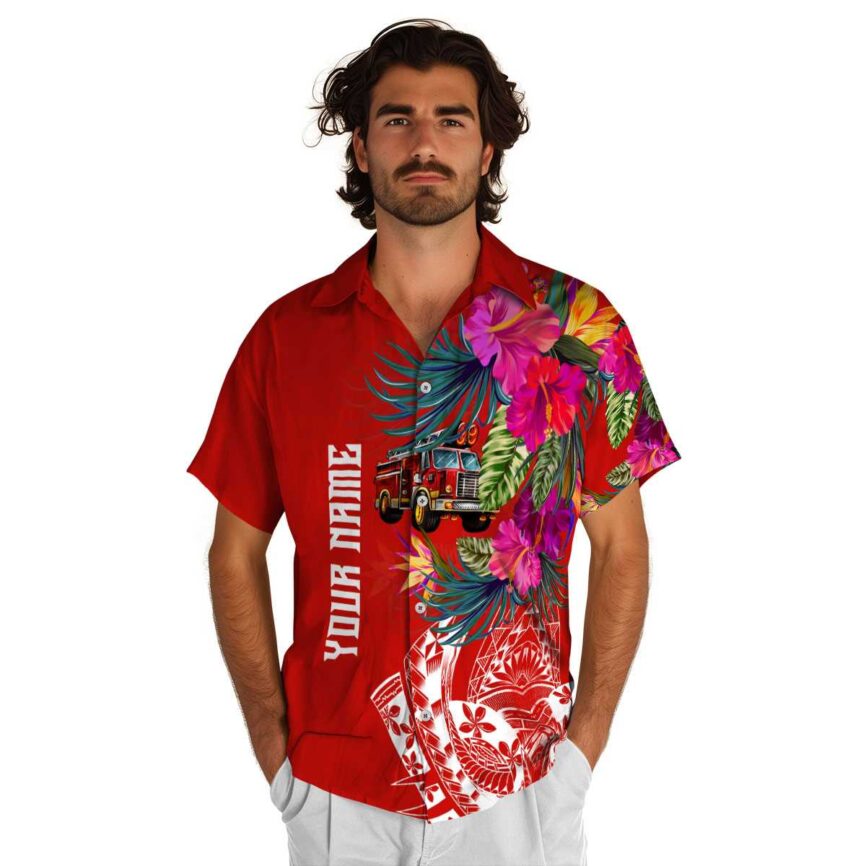Customized Fire Truck Polynesian Flowers Hawaiian Shirt New Arrival