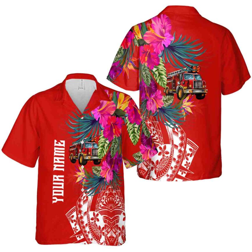 Customized Fire Truck Polynesian Flowers Hawaiian Shirt Premium grade