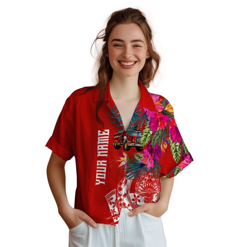 Customized Fire Truck Polynesian Flowers Hawaiian Shirt Top rated