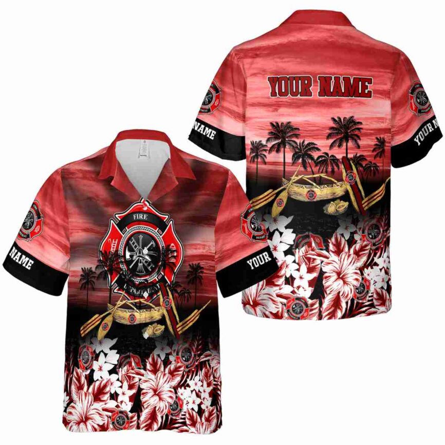 Customized Firefighter Sunset Beach Canoe Hawaiian Shirt Premium grade