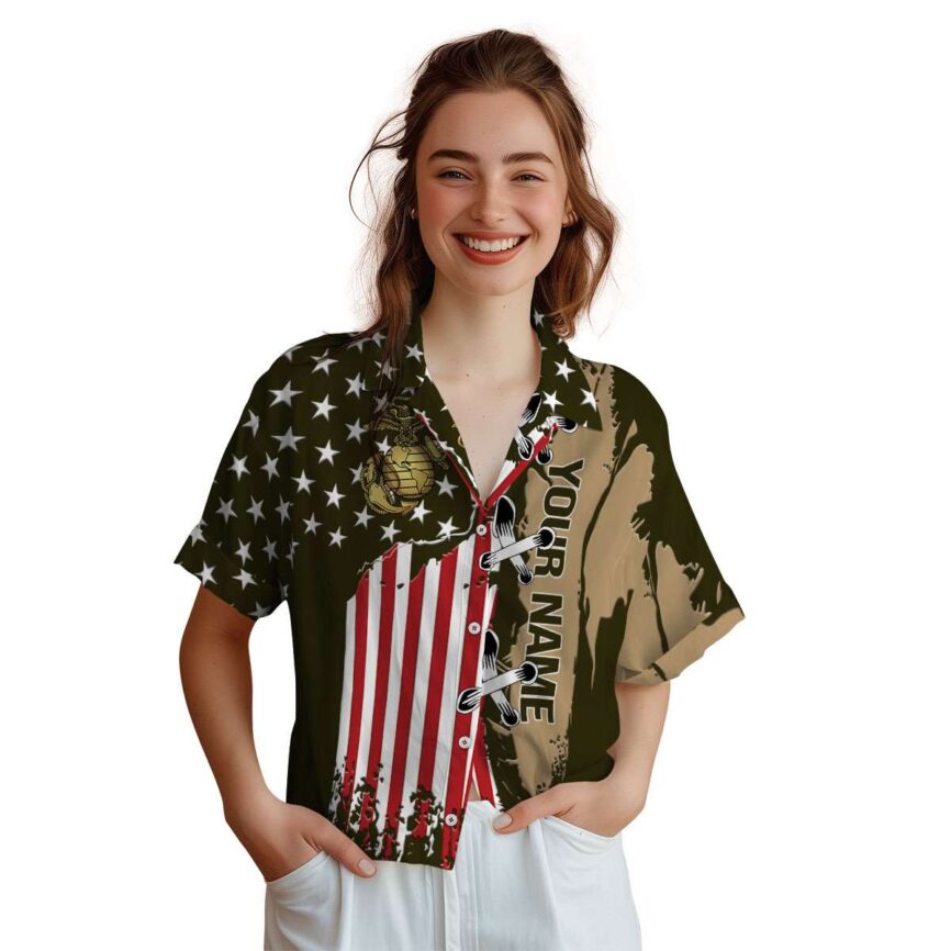 Customized Marine Corps Flag Stitches Hawaiian Shirt Top rated