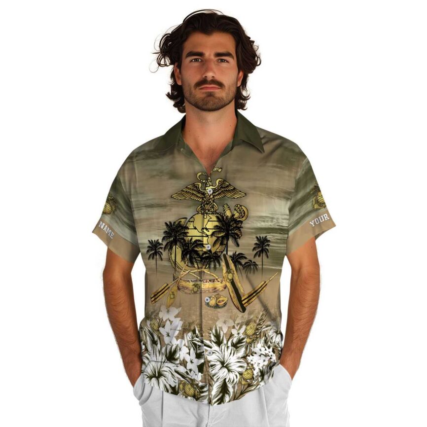 Customized Marine Corps Sunset Beach Canoe Hawaiian Shirt New Arrival