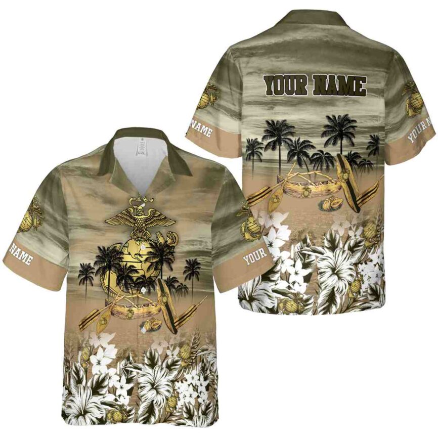 Customized Marine Corps Sunset Beach Canoe Hawaiian Shirt Premium grade
