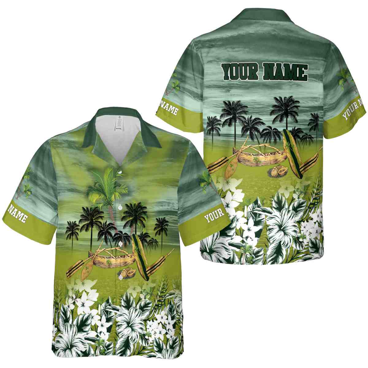 Customized Palm Tree Sunset Beach Canoe Hawaiian Shirt Premium grade Customized Palm Tree Sunset Beach Canoe Hawaiian Shirt Premium grade