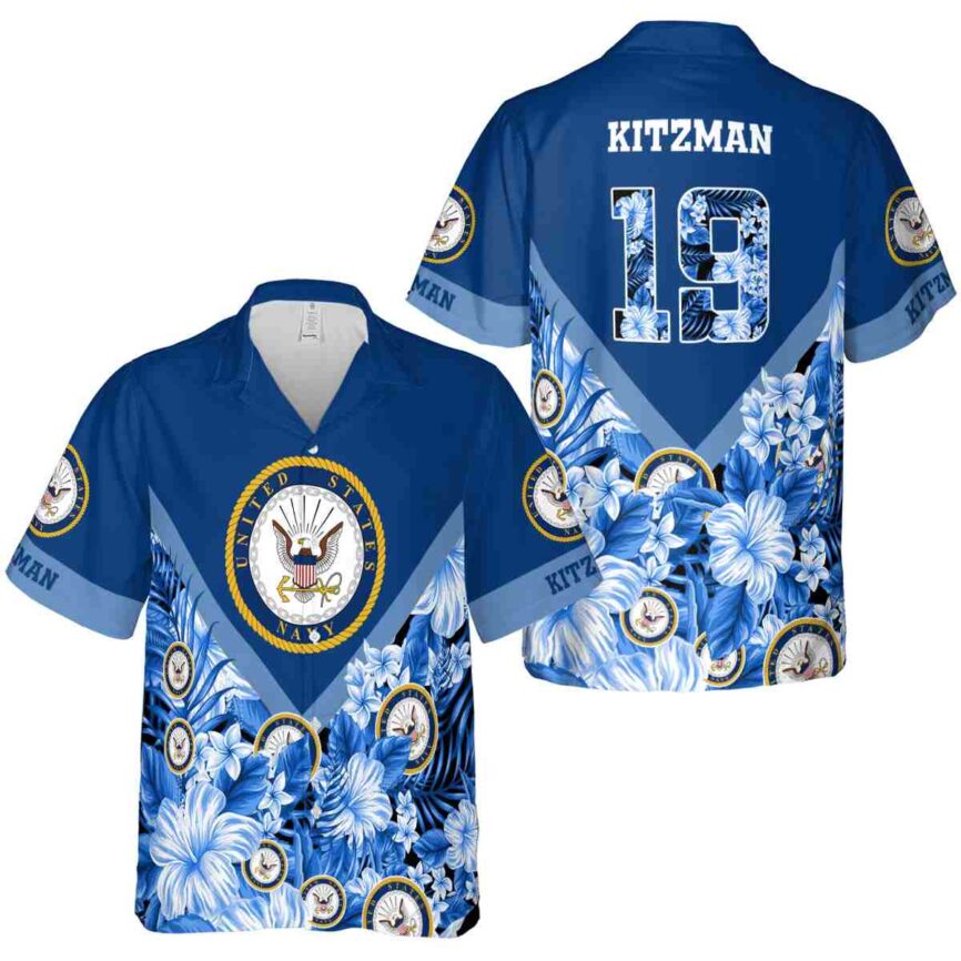 Customized US Navy Bold Floral Number Hawaiian Shirt Premium grade