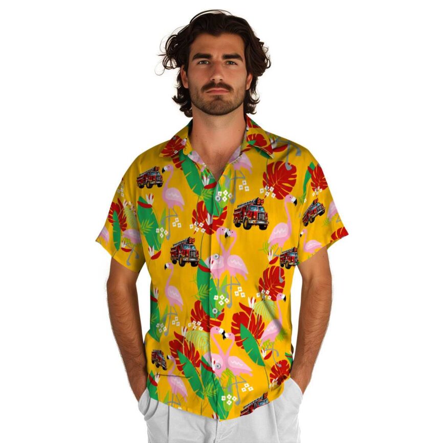 Fire Truck Flamingo Leaf Hawaiian Shirt New Arrival