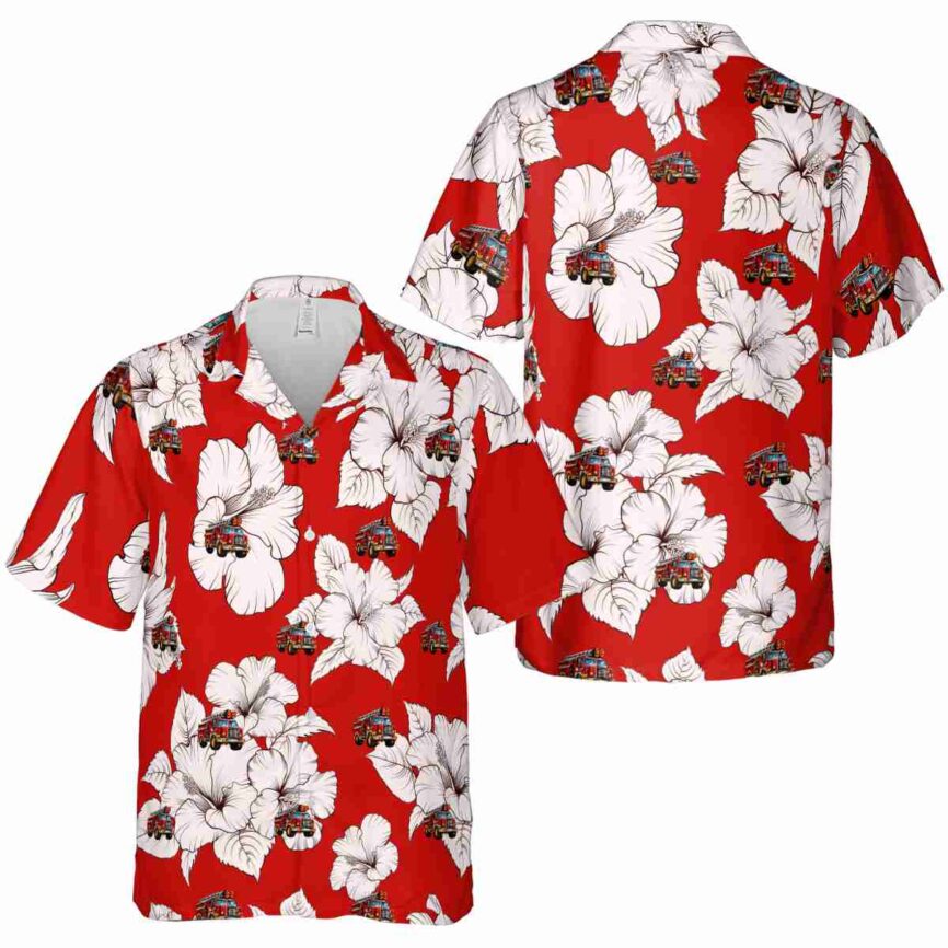 Fire Truck Hibiscus Flower Hawaiian Shirt Premium grade