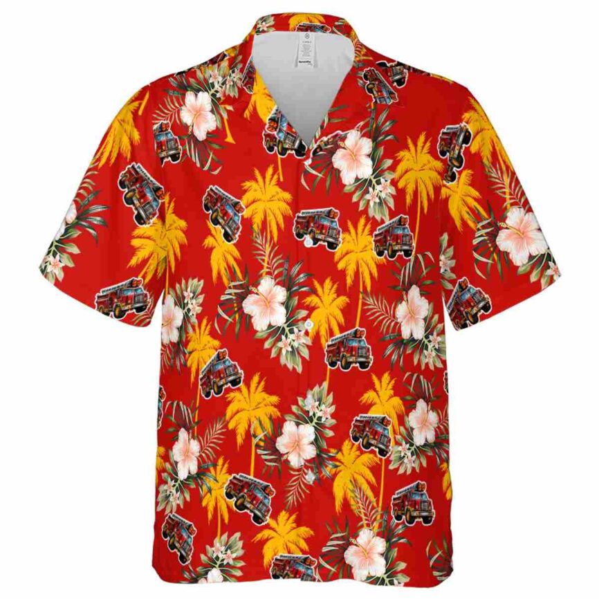 Fire Truck Hibiscus Palm Hawaiian Shirt Fashion forward