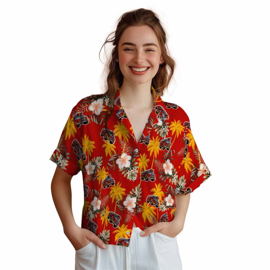 Fire Truck Hibiscus Palm Hawaiian Shirt Top rated