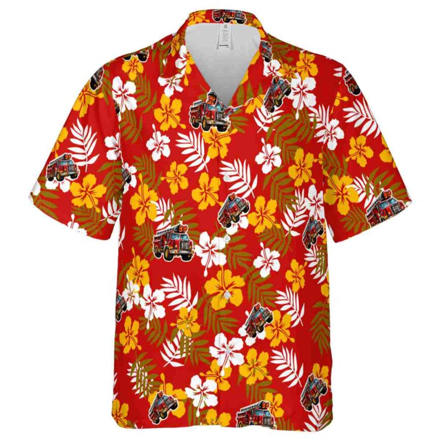 Fire Truck Leafy Hibiscus Hawaiian Shirt Fashion forward