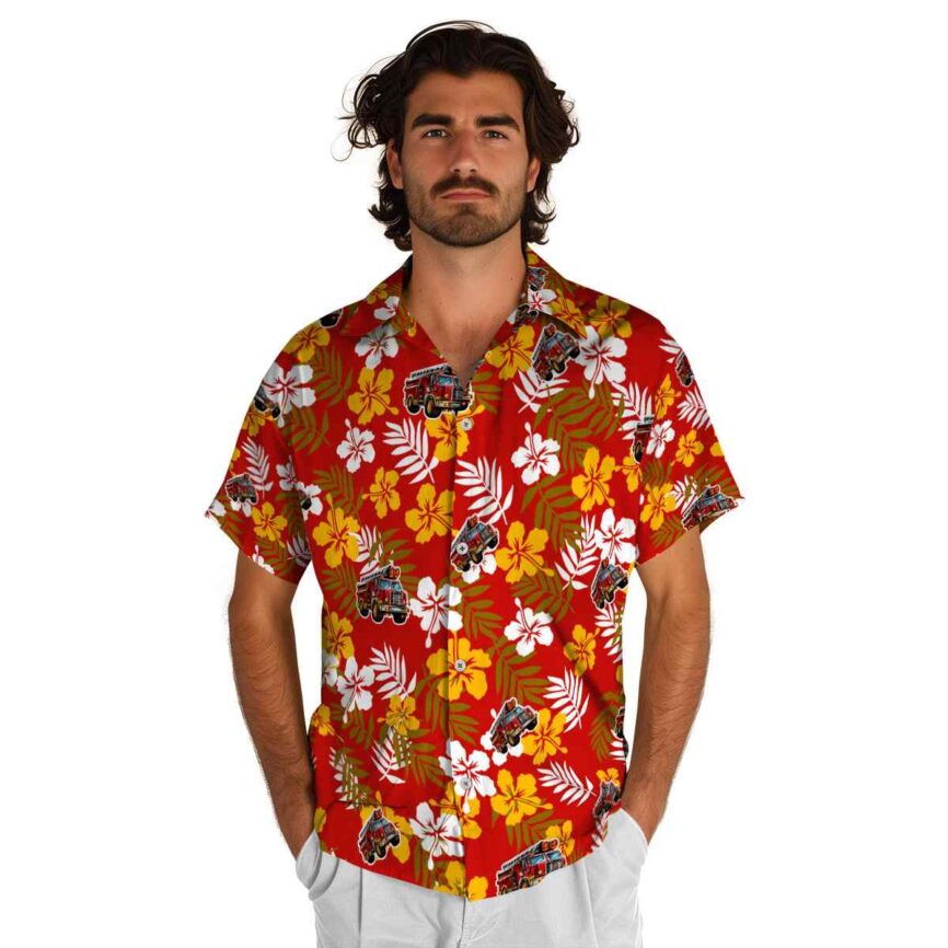 Fire Truck Leafy Hibiscus Hawaiian Shirt New Arrival