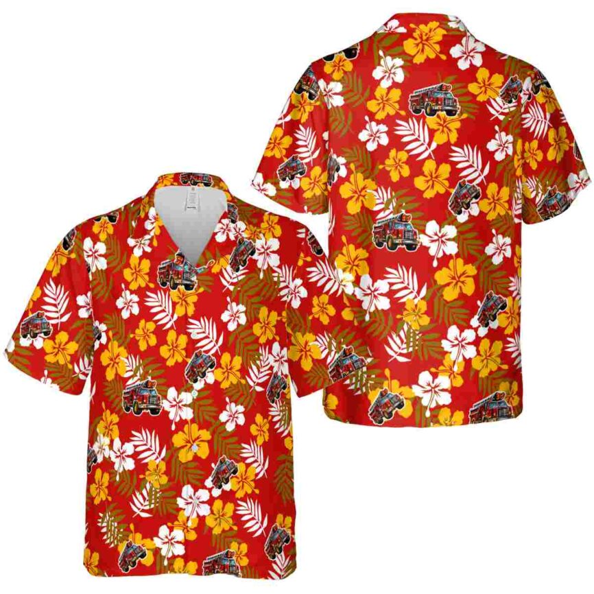 Fire Truck Leafy Hibiscus Hawaiian Shirt Premium grade