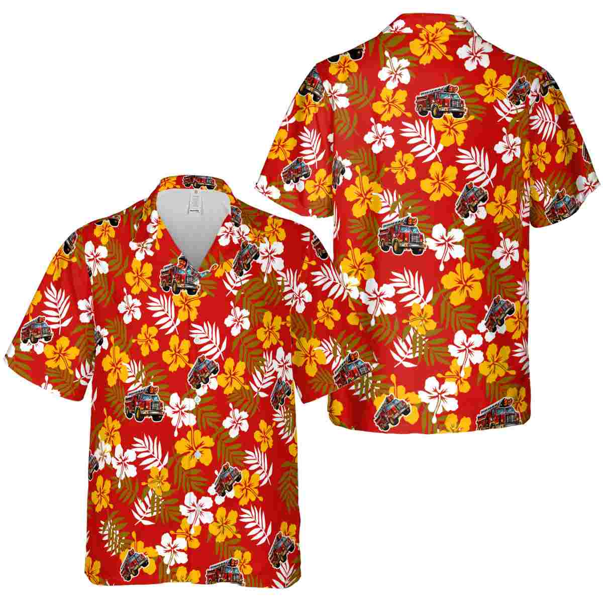 Fire Truck Leafy Hibiscus Hawaiian Shirt Premium grade Fire Truck Leafy Hibiscus Hawaiian Shirt Premium grade