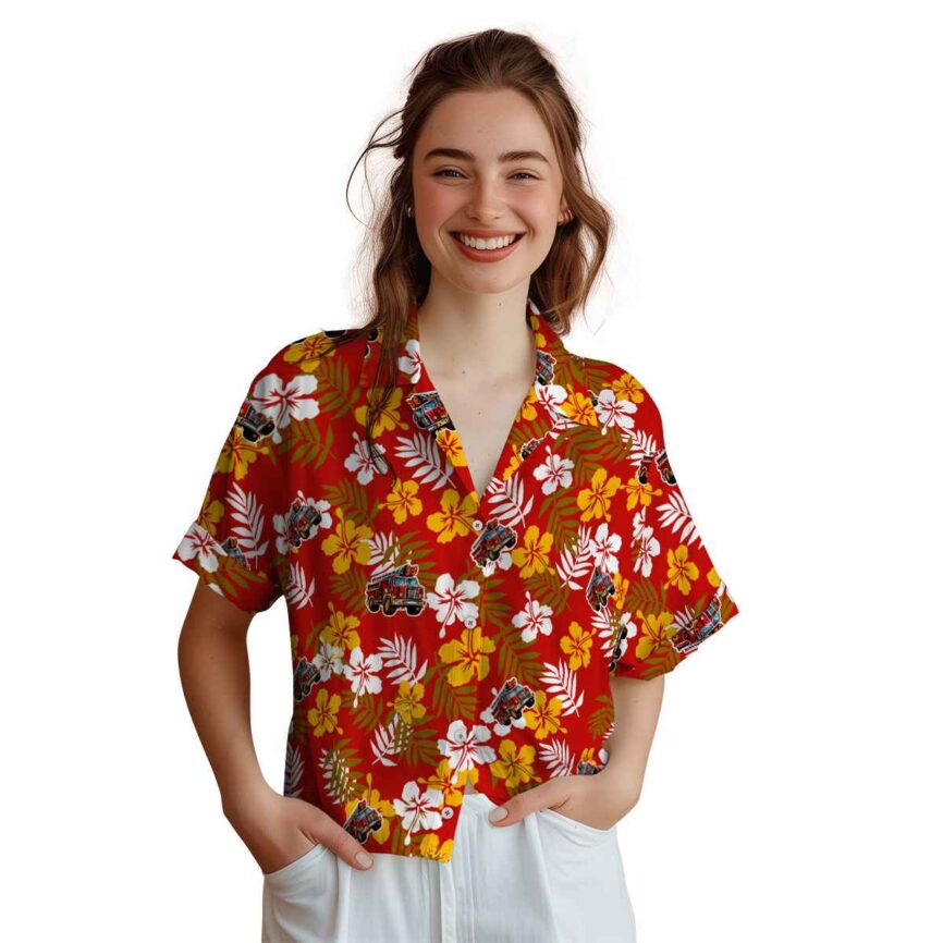 Fire Truck Leafy Hibiscus Hawaiian Shirt Top rated