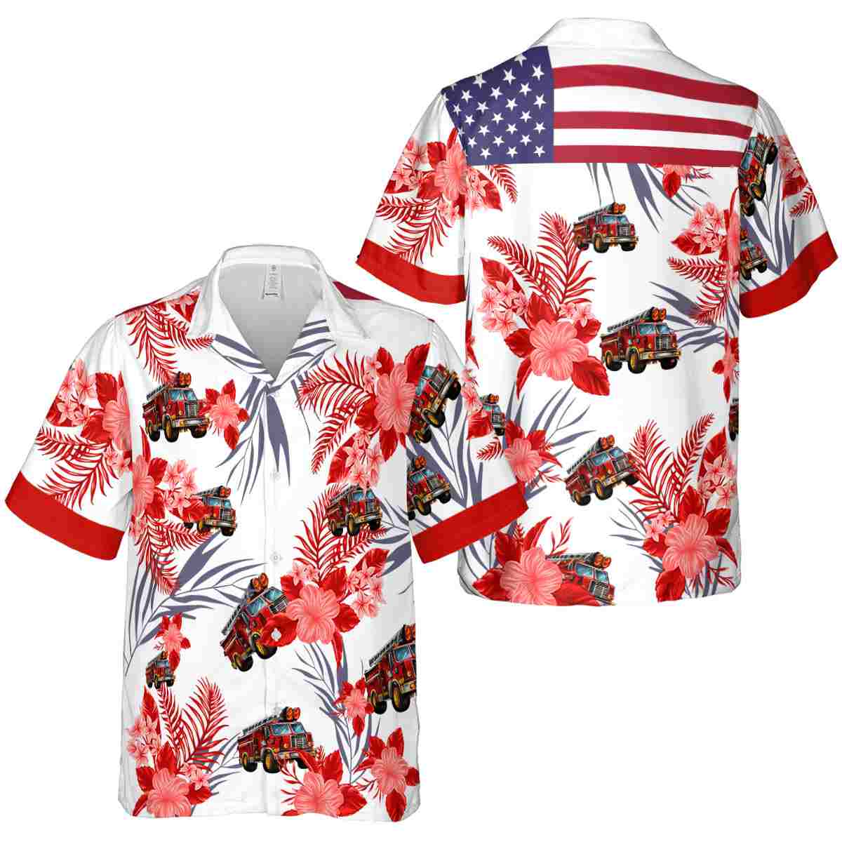 Fire Truck US Flag Floral Hawaiian Shirt Premium grade Fire Truck US Flag Floral Hawaiian Shirt Premium grade
