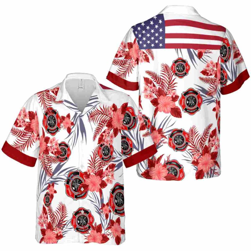 Firefighter US Flag Floral Hawaiian Shirt Premium grade