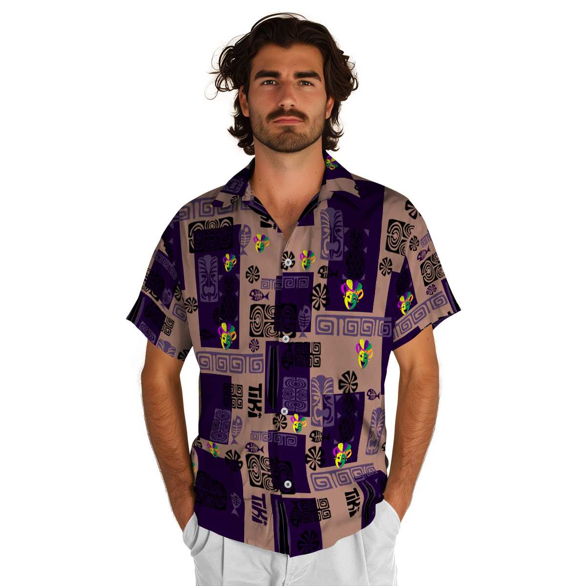 Mardi Gras Tiki Motifs Hawaiian Shirt New Arrival Mardi Gras Tiki Motifs Hawaiian Shirt New Arrival