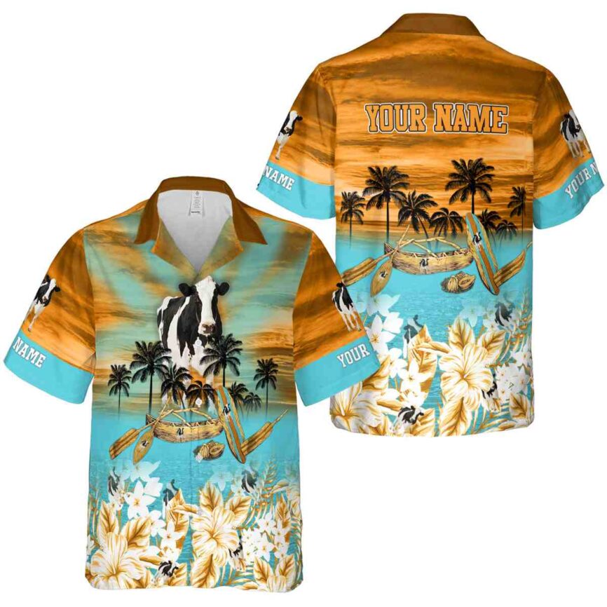 Personalized Cow Sunset Beach Canoe Hawaiian Shirt Premium grade