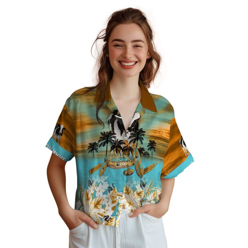 Personalized Cow Sunset Beach Canoe Hawaiian Shirt Top rated