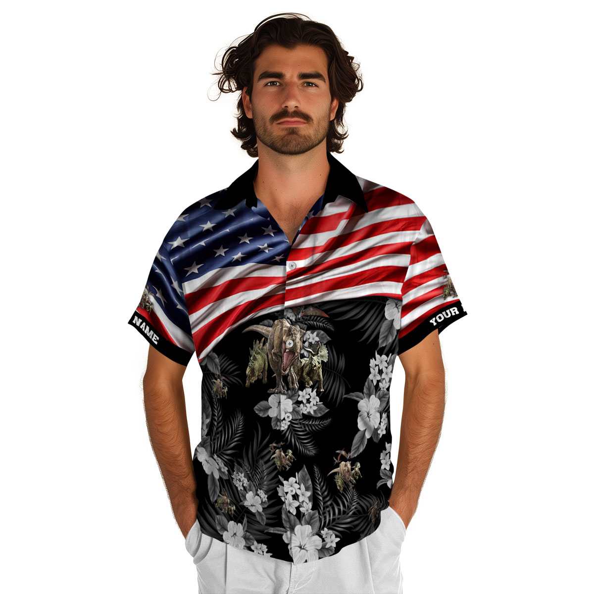 Personalized Dinosaur US Flag Themed Hawaiian Shirt New Arrival Personalized Dinosaur US Flag Themed Hawaiian Shirt New Arrival