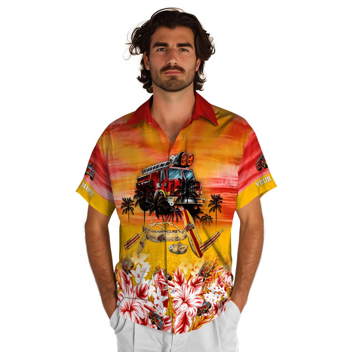 Personalized Fire Truck Sunset Beach Canoe Hawaiian Shirt New Arrival Personalized Fire Truck Sunset Beach Canoe Hawaiian Shirt New Arrival