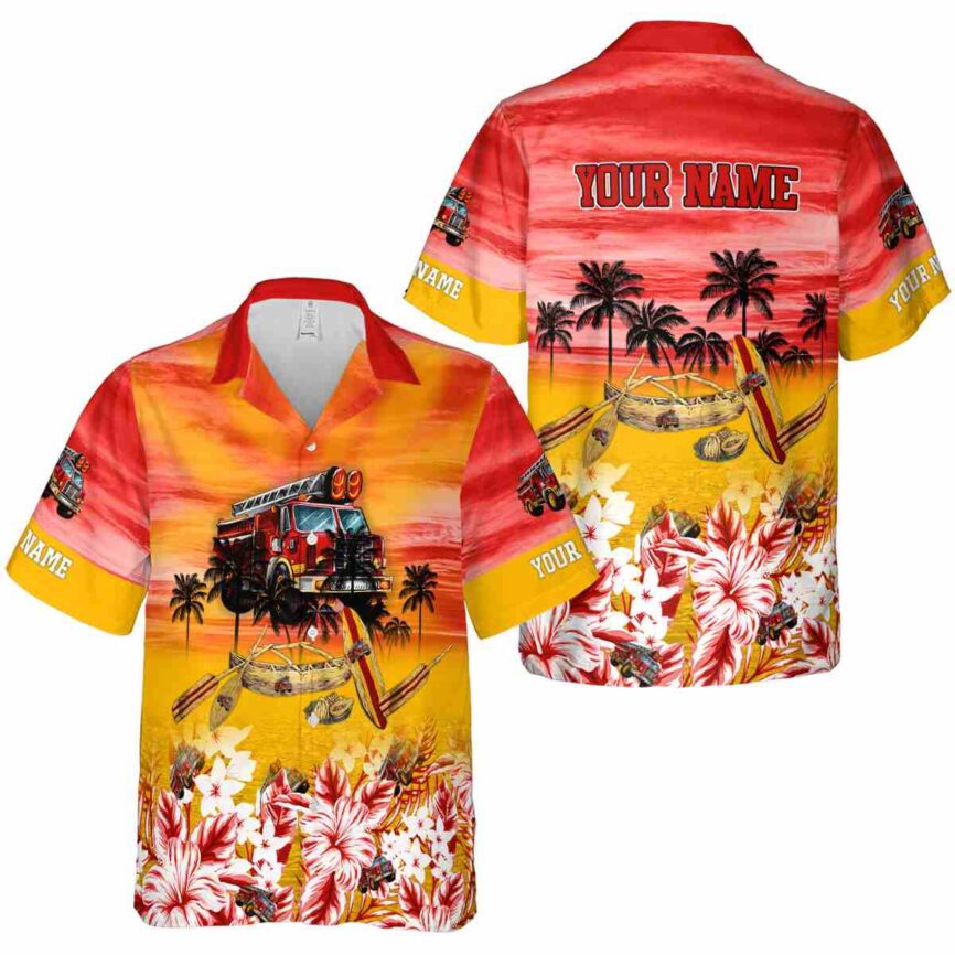 Personalized Fire Truck Sunset Beach Canoe Hawaiian Shirt Premium grade