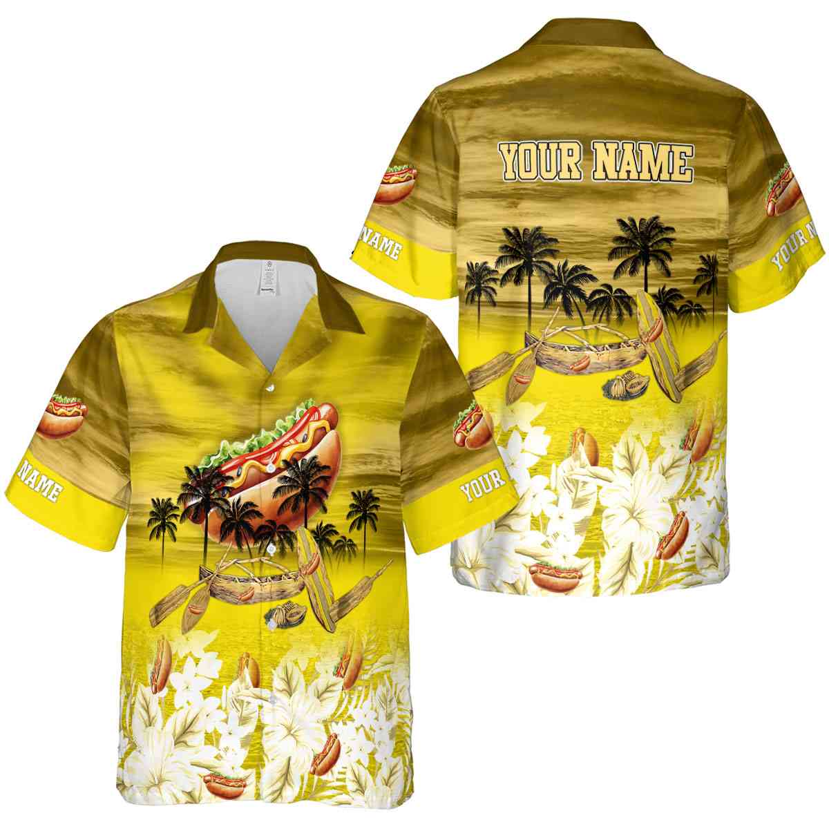 Personalized Hot Dog Sunset Beach Canoe Hawaiian Shirt Premium grade Personalized Hot Dog Sunset Beach Canoe Hawaiian Shirt Premium grade