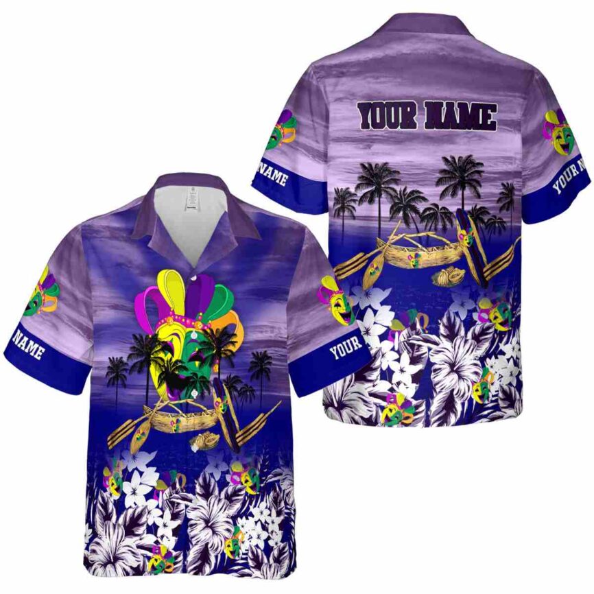 Personalized Mardi Gras Sunset Beach Canoe Hawaiian Shirt Premium grade