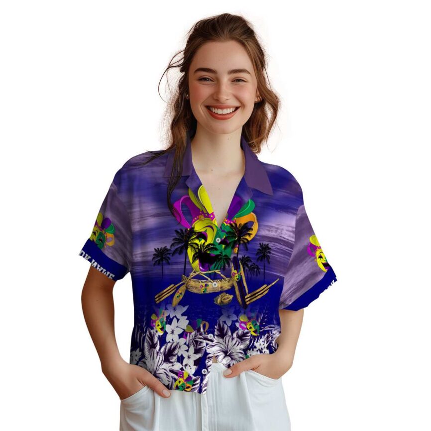 Personalized Mardi Gras Sunset Beach Canoe Hawaiian Shirt Top rated