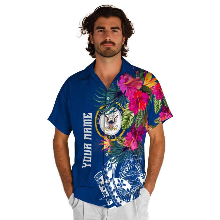 Personalized US Navy Polynesian Flowers Hawaiian Shirt New Arrival