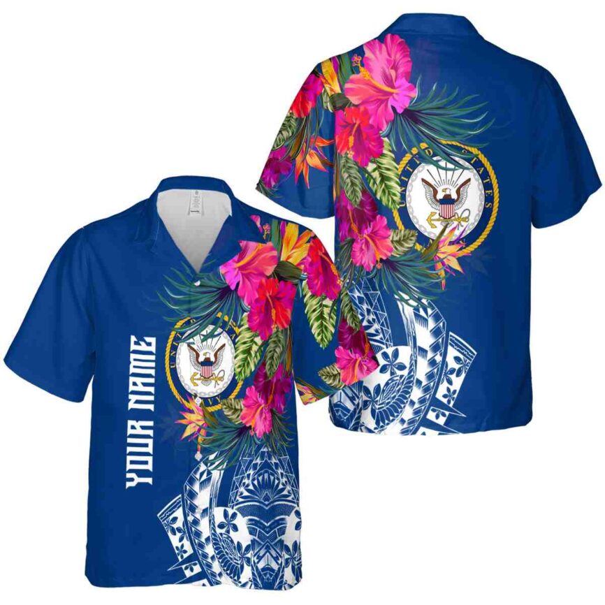 Personalized US Navy Polynesian Flowers Hawaiian Shirt Premium grade
