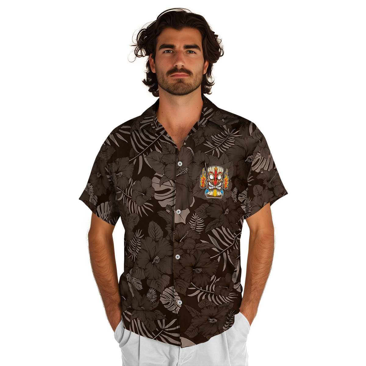 Tiki Monochrome Floral Hawaiian Shirt New Arrival Tiki Monochrome Floral Hawaiian Shirt New Arrival