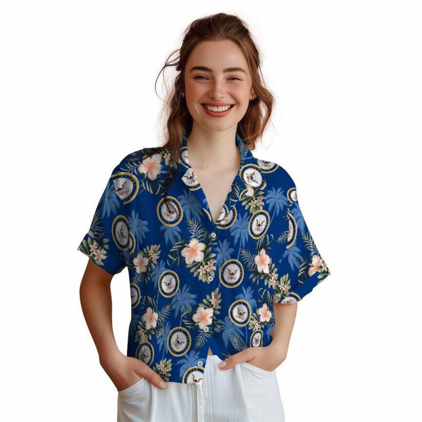 US Navy Hibiscus Palm Hawaiian Shirt Top rated