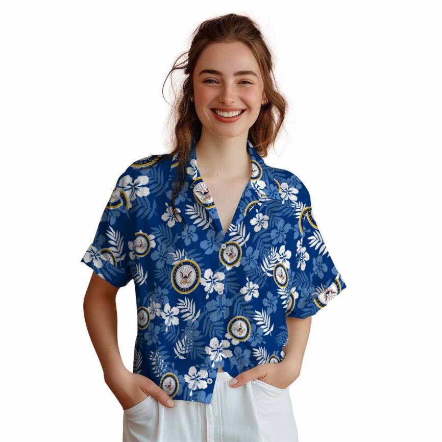 US Navy Leafy Hibiscus Hawaiian Shirt Top rated